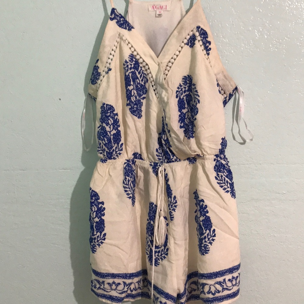 White and blue floral romper